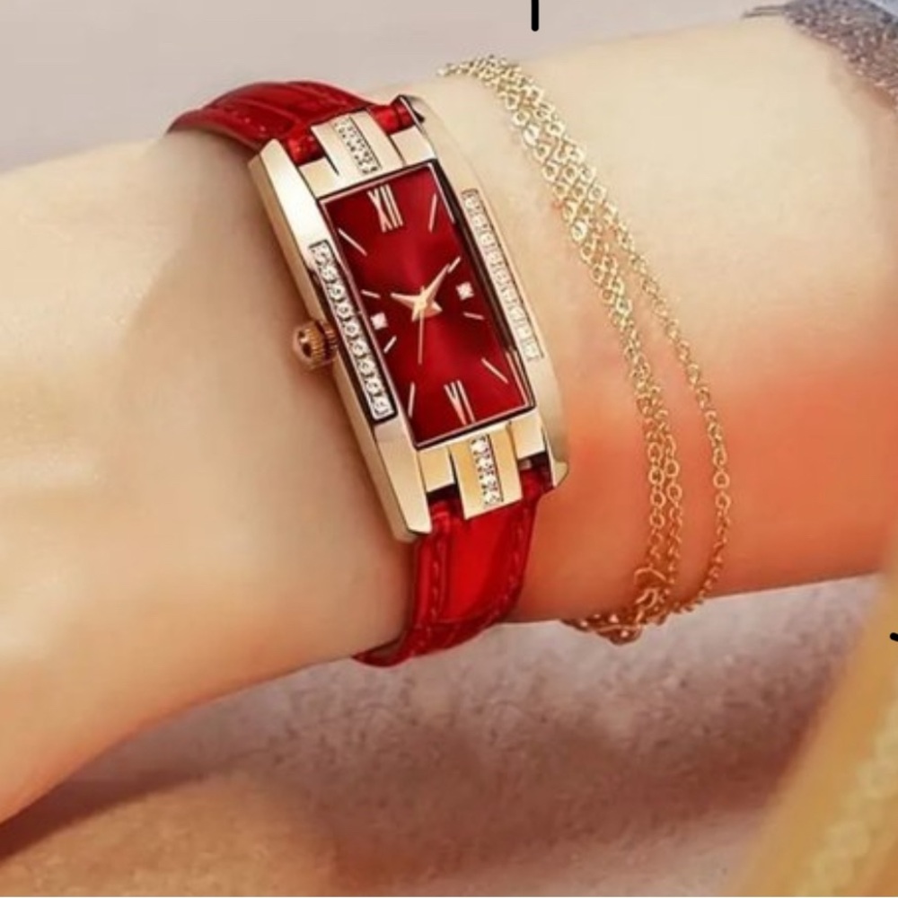 Passion of Essence Red Leather-Style Strap Watch with Gold Crystal Case